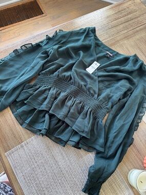 Express Forest Green Ruffled Smocked-Waist Blouse